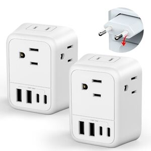 European Travel Plug US to Europe Adapter 4 AC Outlets 4 USB Chargers 2 Pack